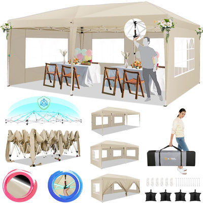 HOTEEL 10x20 Pop Up Canopy Tents for Parties, Outdoor Tent with 6 Sidewalls & 8 Wind-Resistant Rods & Carry Bag, Easy Setup for Patio Events, Wedding, Commercial, Waterproof and UV50+ Protection,Khaki