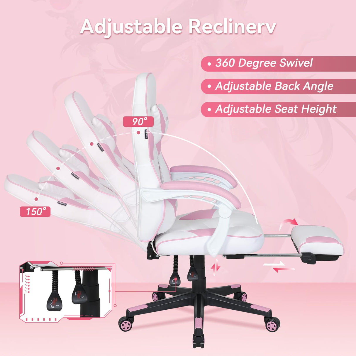 ELECWISH Pink Cute Kawaii Gaming Chair for Girl Ergonomic Desk Racing Office Adjustable High Back Game Swivel Leather Chair with Lumbar Support and Headrest, Pink ELECWISH