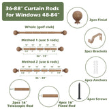 HTZON Wood Curtain Rods for Windows 48 to 84 Inch,1 Inch Wood Grain Ball Adjustable Curtain Rod,Boho Heavy Duty Curtain Rods,Farmhouse Rustic Single Window Curtains Rods,Brown Drapery Rods Set 36-88" HTZON