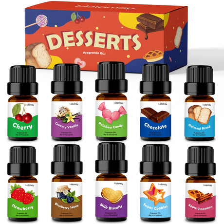 Holamay Dessert Fragrance Oils, Scented Oils Set of 10 Sweet Soap & Candle Making Scents - Creamy Vanilla, Apple Cinnamon, Cookies and More, Aromatherapy Diffuser Oil, Holiday Essential Oil Set Holamay