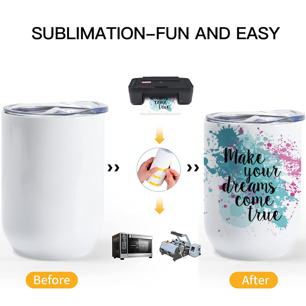 AGH 12 oz Sublimation Wine Tumblers Blanks, 4PCS Straight Stainless Steel Insulated Mug for Full Wrap Heat Transfer, Spill-proof Sliding Lid Stainless Steel Straw for Coffee Cocktails Drinks AGH