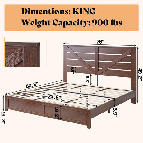 AMERLIFE King Size Farmhouse Bed Frame with Barn Door Headboard and Under Bed Storage AMERLIFE