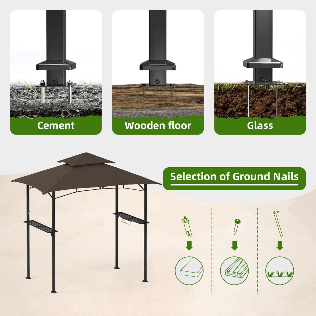 Patiomore Grill Gazebo Canopy, 8'x 5'Outdoor Double Tiered BBQ Gazebo Canopy Tent w/Air Vent, Tent Hardtop Sun Shade Shelter for Outdoor Patio, Backyard, Deck (Brown) Patiomore