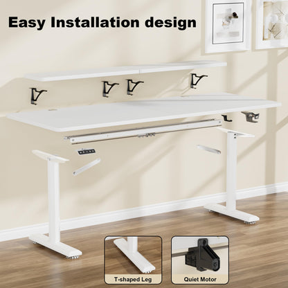 JUMMICO Electric Standing Desk, Adjustable Height Desk 63 x 27 Inch with Monitor Stand, Home Office Computer Desk (White) - WoodArtSupply