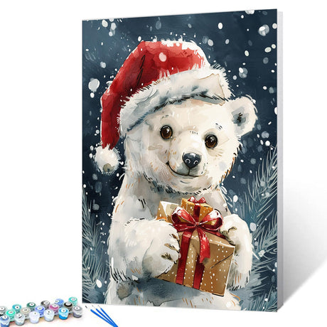 Tucocoo Cute Polar Bear Paint by Numbers Kit for Adult Christmas Animals DIY Canvas Paint by Numbers Red Santa Hat Acrylic Painting Home Decor Paint by Numbers Kits 16x20Inch Frameless Tucocoo