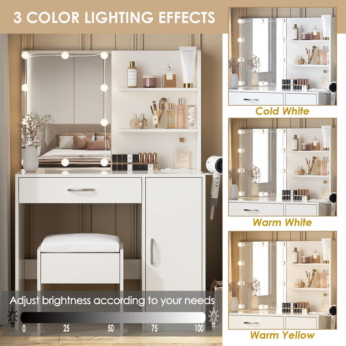 Makeup Vanity Desk with Lighted Mirror & Power Strip,Makeup Vanity Table with Lights and Lots Storage,3 Lighting Modes,35in Large Drawers Dressing Table,White Vabches