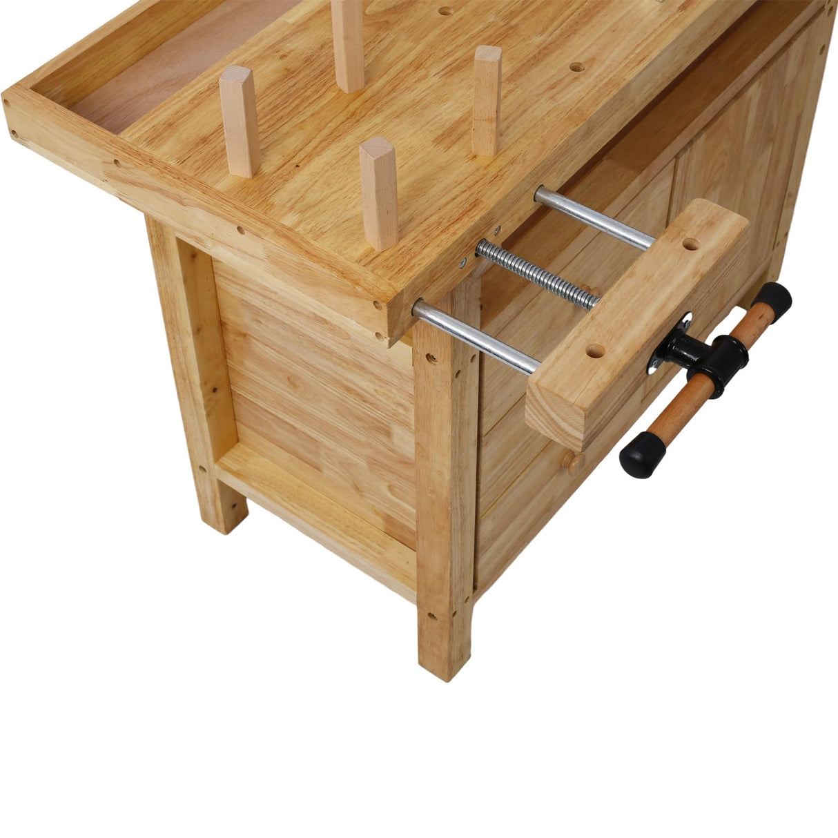 Montary 50-Inch Wood Workbench - Rubber Wooden Heavy Duty Work Bench with 3 Drawers 1 Cabinet Door and Shelf Integrated Vises for Garage Workshop, Woodworking and Home Montary