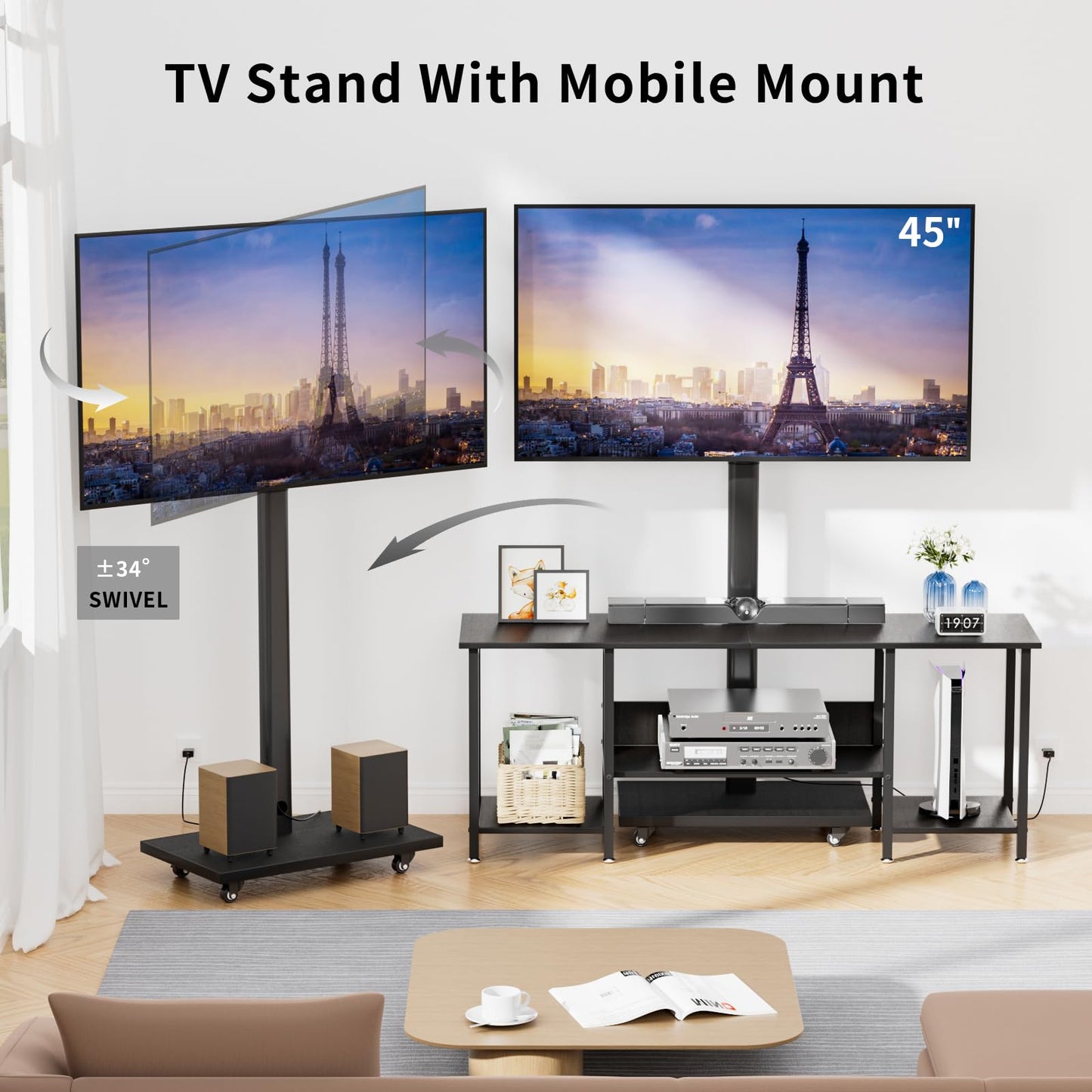 TV Stand with Mount for 32-65 Inch TVs, Swivel Rolling TV Stand Mount with Wheels and Power Outlet, Entertainment Center with Storage, Media Console Cabinet for Living Room Bedroom, Black