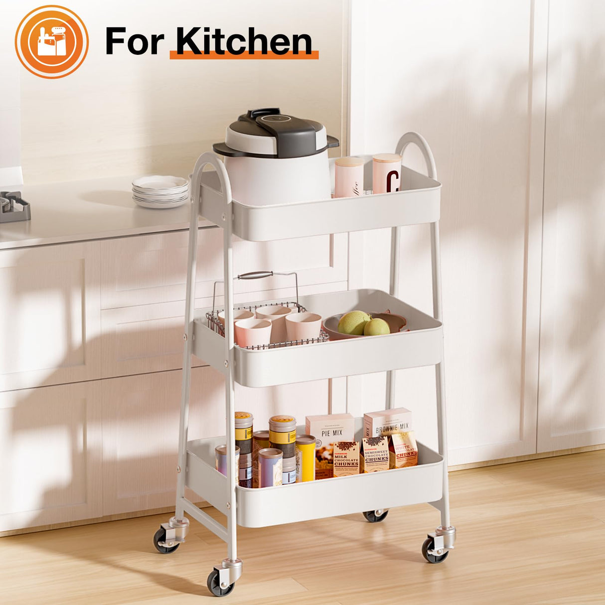 Sweetcrispy 3 Tier Metal Storage Utility Cart with Wheels, Kitchen Organizer Trolley Rolling Bathroom Laundry Room Bar Office Shelves Mobile Shelving Unit Caster for Snack Bedside Narrow Places Sweetcrispy