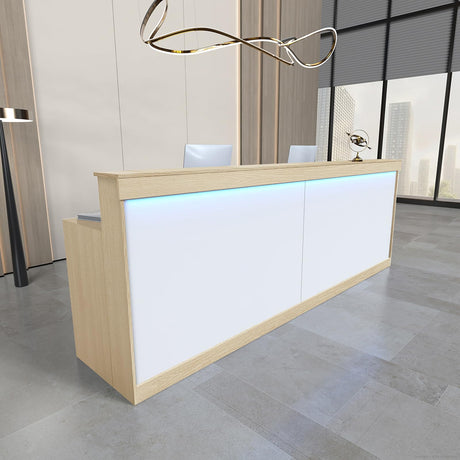Huariifowm LED Reception Desk with Drawers & Lockers – Modern Front Counter Desk for Office, Salon, Spa, Hotel Lobby or Retail Store (White+ Maple, 71" L*24W*39" H) Huariifowm