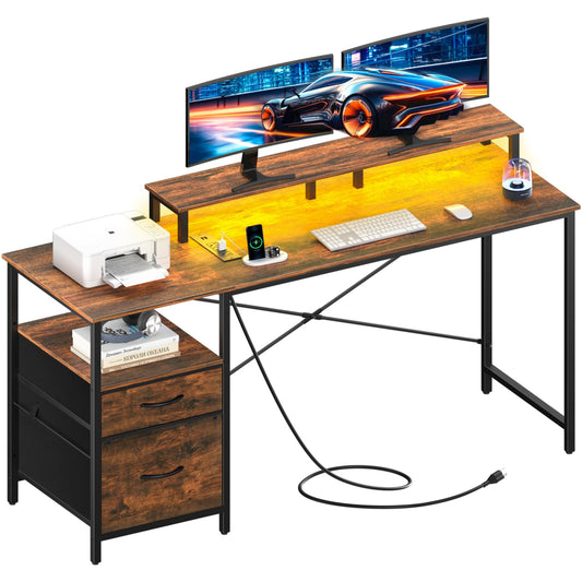 Yoobure Computer Desk, Office Desk with LED Lights & Power Outlets, Gaming Desk with Fabric File Cabinet, 55.1" Home Office Desks， Writing Desk with Drawers, Computer Table with Long Monitor Stand