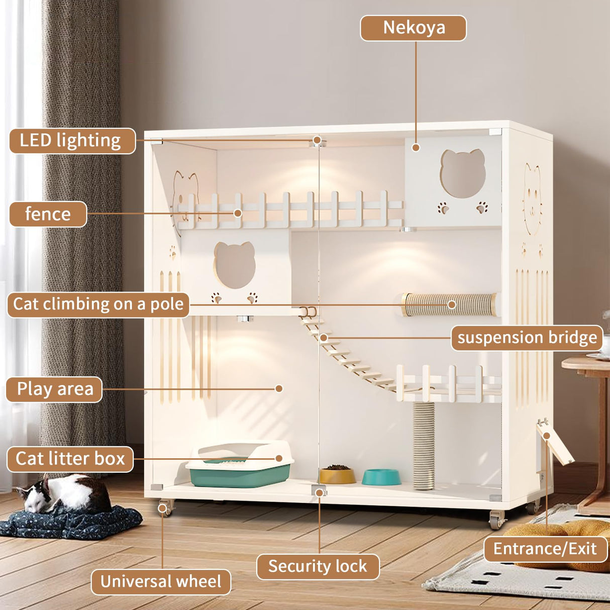 Enclosed Cat Condo, Large Space Cat Cage with Scratching Post, Wooden Indoor/Outdoor Cat Enclosure, Multi-Feature Cat Houses Ventilation Glass Doors, 50" X 48" X 24" (White, 50" X 48" X 24") TMGSK