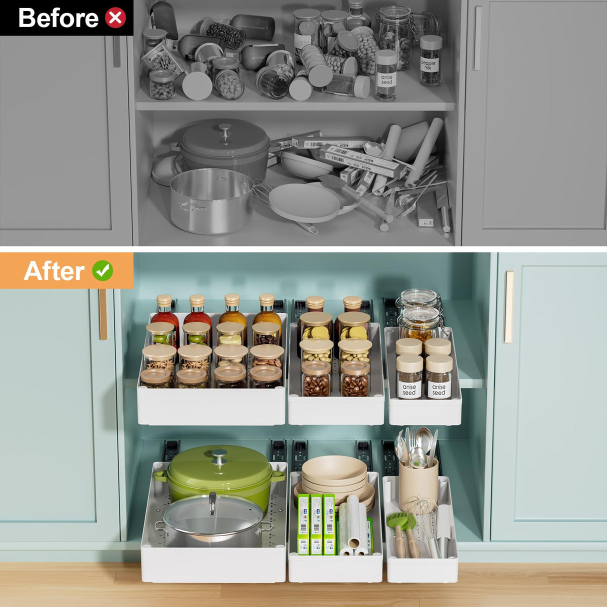 Delamu 3 Pack Pull Out Cabinet Organizer, 15.7"Deep Pull Out Drawers for Cabinets, Slide Out Drawers for Kitchen Cabinets, Bathroom Cabinet Organizer, Pantry (White) Delamu