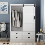 GOSROMS Armoire Wardrobe Closet with Sliding barn Door，Wardrobe Cabinet with 4 Storage Drawers and Hanging Rail,Freestanding Wooden Closet for Bedroom (White) GOSROMS
