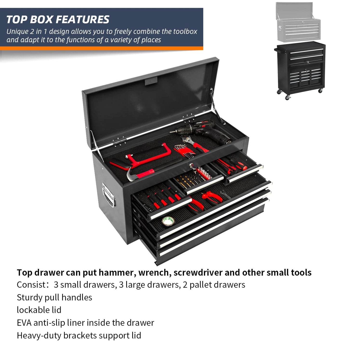 DUSACOM 8-Drawer High Capacity Rolling Tool Chest with Wheels, Big Tool Storage Removable Tool Box Combo, Tool Storage Cabinet with Lockable Drawers, Toolbox for Workshop and Mechanics Garage - WoodArtSupply