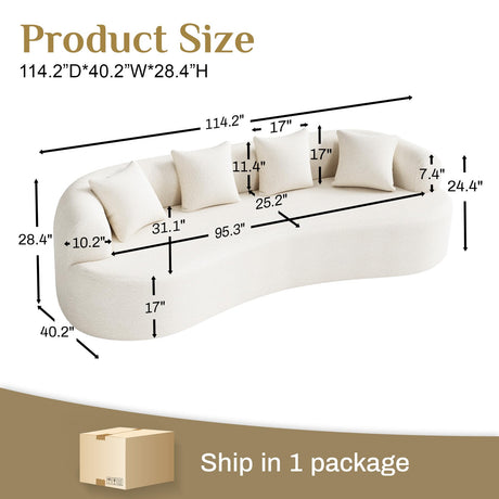 114" Oversized Sectional Sofa for Living Room, Modern Luxury Plush Chenille 4-Seater Extra Deep & Wide Seat Curved Cloud Couch with 4 Throw Pillows, No Assembly Needed, Cream White DAMAIFROM