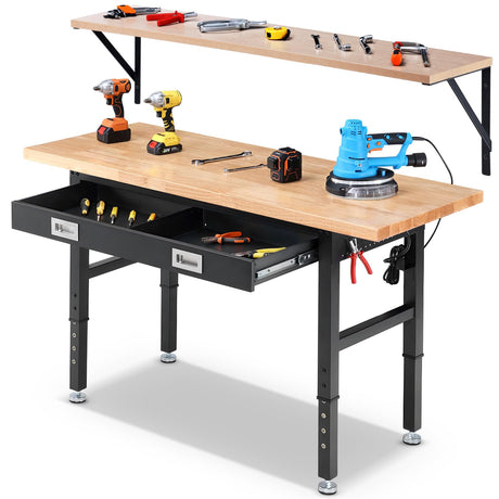 ENJOYWOOD Workbench with Drawers 60 Inch Work Bench for Garage Adjustable Heavy Duty Garage Workbench with Shelf Bracket,Power Outlets for Woodworking,Home, Office, Workshop, Rubber Wood Top ENJOYWOOD