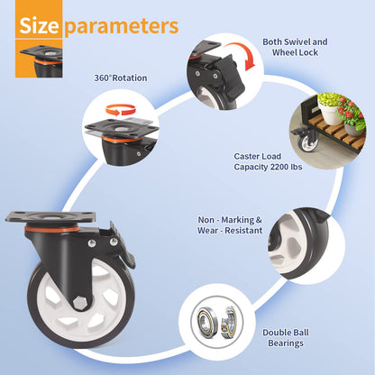 Wheels,5 Inch Caster with Brake, Casters Set of 4 Heavy Duty 2000Lbs with Safety Dual Locking, Industrial Swivel Casters, Polyurethane No Noise Wheels for Cart, Workbench(2 Hardware Kits Included)