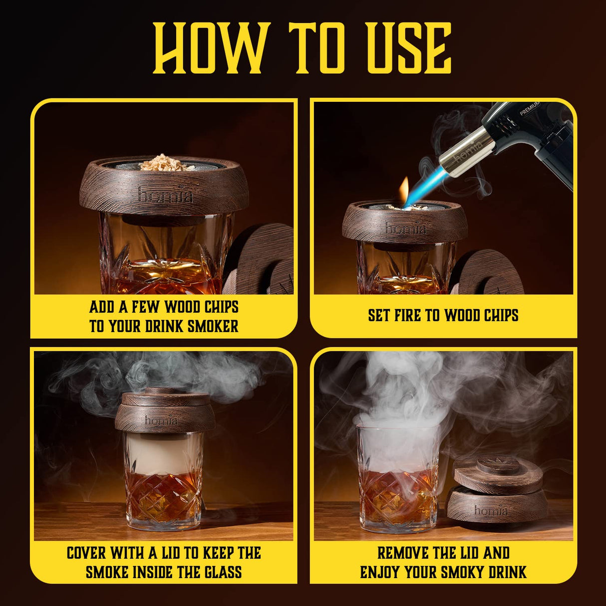 Whiskey Gift Set, 14 pcs - Whiskey Decanter + Wooden Smoker + Old Fashioned Glasses - 2 pcs, in Wooden Box with Wood Chips, Whiskey Stones 6 pcs Included - Gift for Men (Torch Not Included) homia
