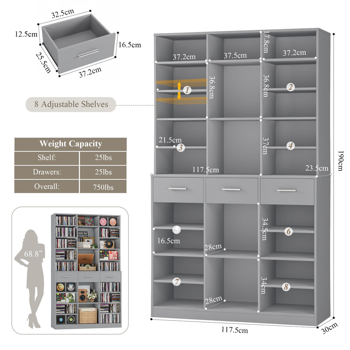 HOSTACK 75" Tall Book Shelf and Bookcase, 47" Wide Bookshelf with Drawers, Modern 9 Tier Bookcase with Storage, Large Wood Display Cabinet with Adjustable Shelves for Living Room, Home Office, Gray HOSTACK