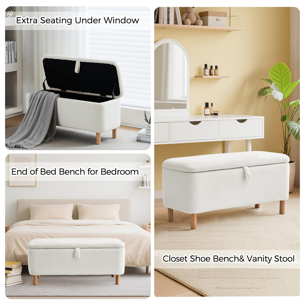 Storage Ottoman Bench for Bedroom End of Bed, Boucle Upholstered Padded Storage Bench for Entryway Bed Foot Entryway, Sherpa Rectangle Cushion Shoe Seat Blanket Chest Cute for Living Room, White Comfort Stretch