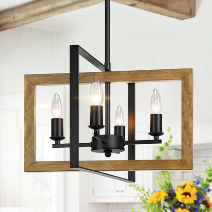 17" Farmhouse Chandelier, 4-Light Rustic Chandelier for Dining Room Light Fixture, Adjustable Wood Hanging Light Fixture for Living Room, Kitchen, Foyer, Bedroom and Entryway