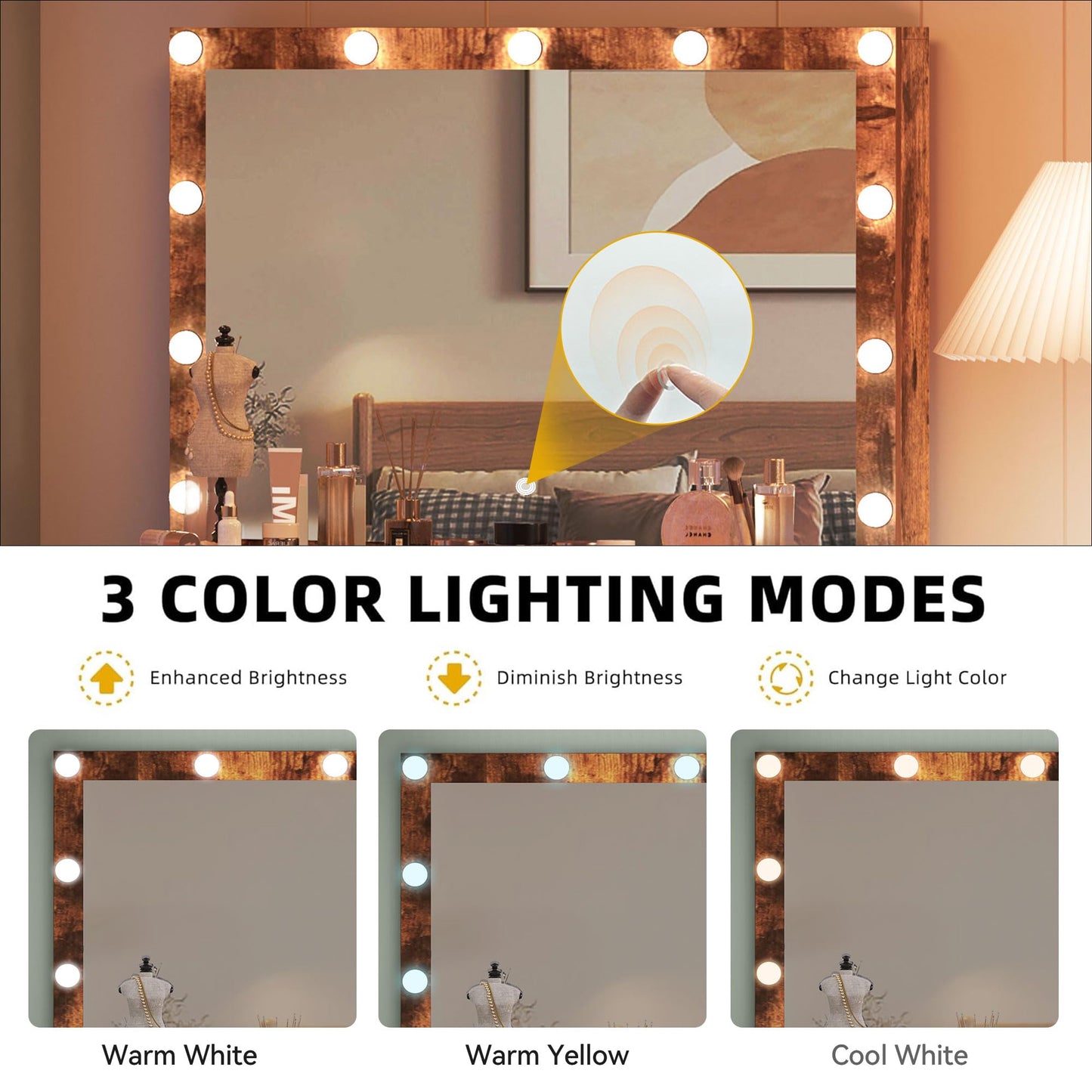 DWVO Makeup Vanity Desk with LED Lighted Mirror with 3 Color Lighting Modes, & Power Outlet, Vanity Table Set with 4 drawers, Power Outlet, Adjustable Brightness, Bedroom, Vintage Brown