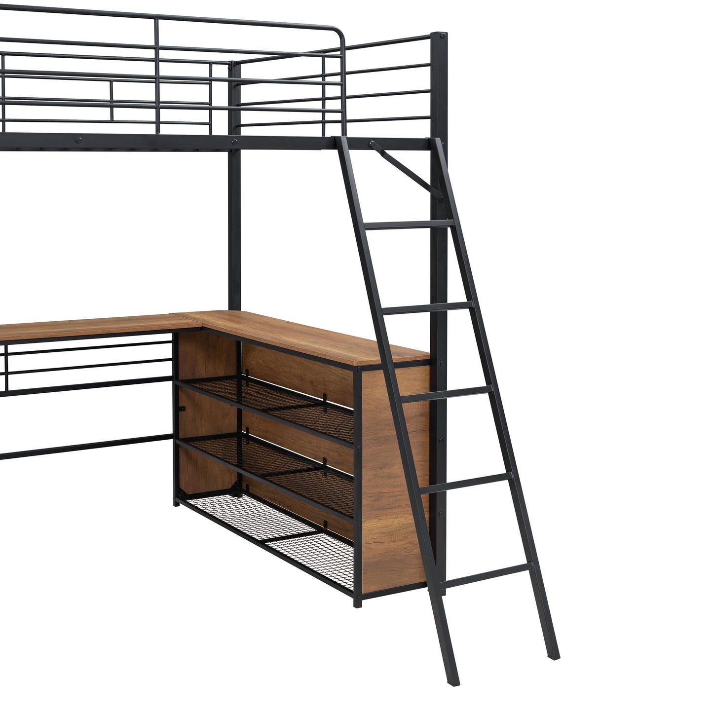 Metal Full Size Loft Bed with L-Shaped Desk,Heavy Duty Loft Bed with 3 Tier Shelves for Kids Teens Adults,High Loft Bed Frame, Space Saving Loft Bed Full Size(Full,Black)