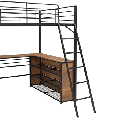 Metal Full Size Loft Bed with L-Shaped Desk,Heavy Duty Loft Bed with 3 Tier Shelves for Kids Teens Adults,High Loft Bed Frame, Space Saving Loft Bed Full Size(Full,Black)