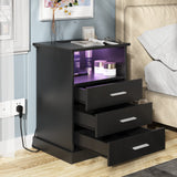 Halitaa Black LED Nightstand with Charging Station, Side Table with 3 Drawers and Light, End Table with Open Storage, Beside Cabinet for Bedroom (Black 2 set) Halitaa