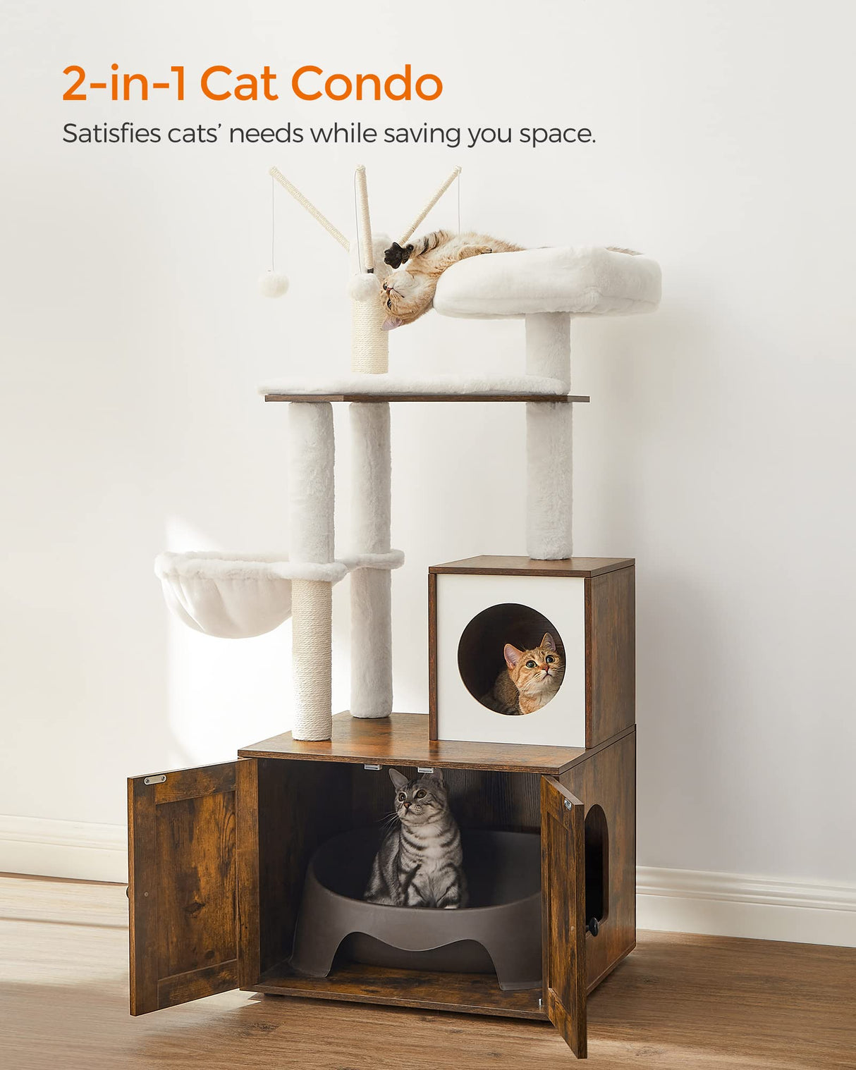 Feandrea Cat Tree with Litter Box Enclosure, 2-in-1 Modern Cat Tower, 55.1-Inch Cat Condo with Scratching Posts, Removable Pompom Sticks, Rustic Brown UPCT113X01 Feandrea