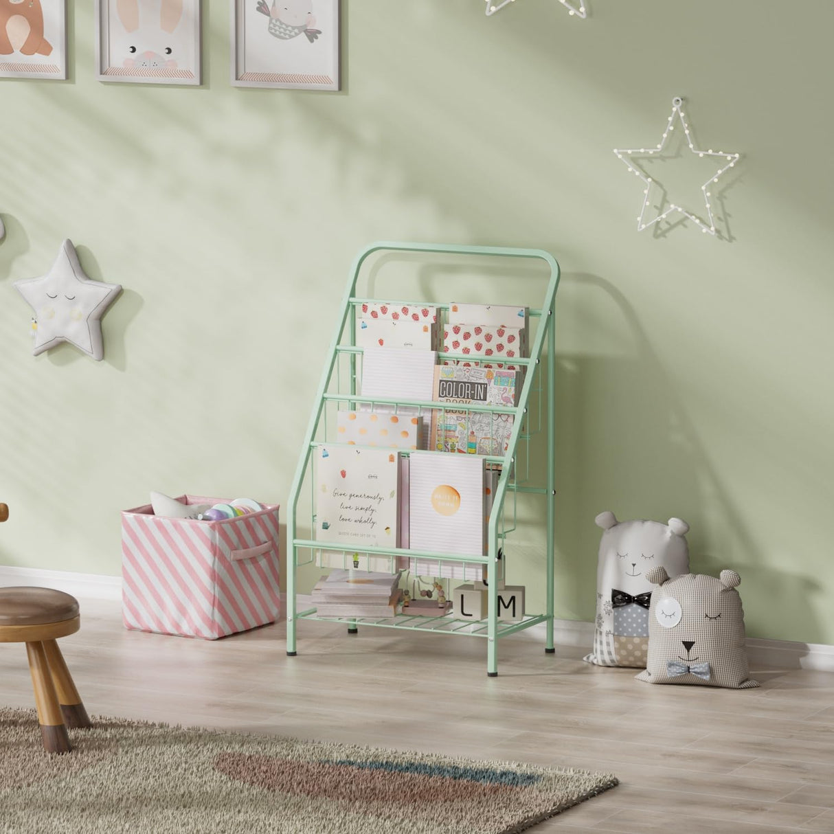 JAQ Kid Bookshelf, 4-Tier Metal Sling Kids Display Bookshelves Bookcase with Toy Storage in Baby Corner Library Room Classroom Playroom for Toddlers Nursery Children (4-tier/28.35inch, Green) JAQ