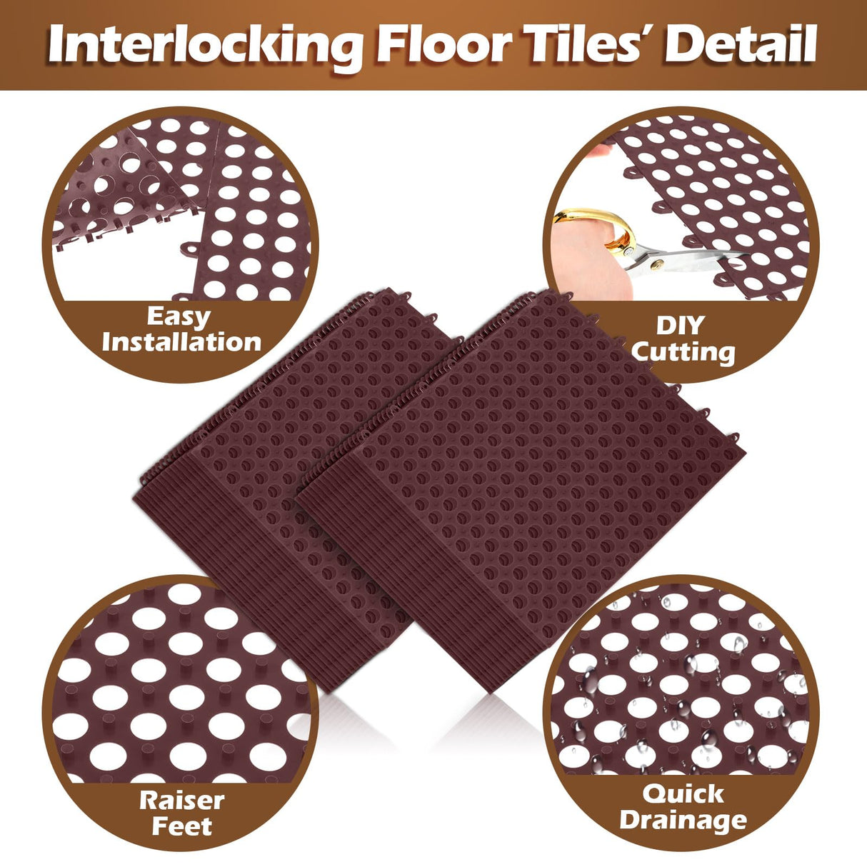 Tinideya 50 Pcs Drainage Interlocking Tiles Dry Deck Tiles 11.8'' X 11.8'' Interlocking Floor Tiles with Drain Holes, Non Slip TPE Soft Drainage Mats Modular Pool Floor Mat for Bathroom Patio (Brown) Tinideya