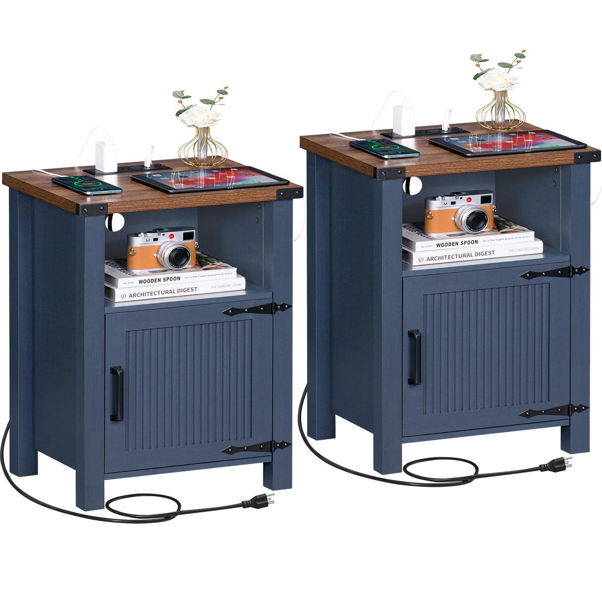 Joaxswe Night Stand Set of 2, 18 Inch Farmhouse Nightstand with with Charging Station and USB Port, Rustic Couch End Table with Magnetic Door, Wood Bed Side Tables for Bedroom, Home, Navy Blue Joaxswe