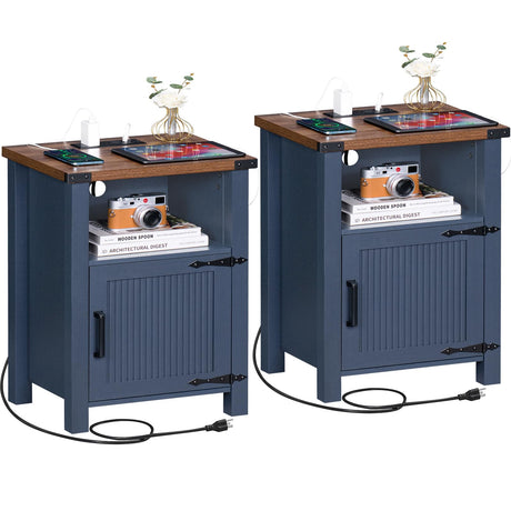 Joaxswe Night Stand Set of 2, 18 Inch Farmhouse Nightstand with with Charging Station and USB Port, Rustic Couch End Table with Magnetic Door, Wood Bed Side Tables for Bedroom, Home, Navy Blue Joaxswe