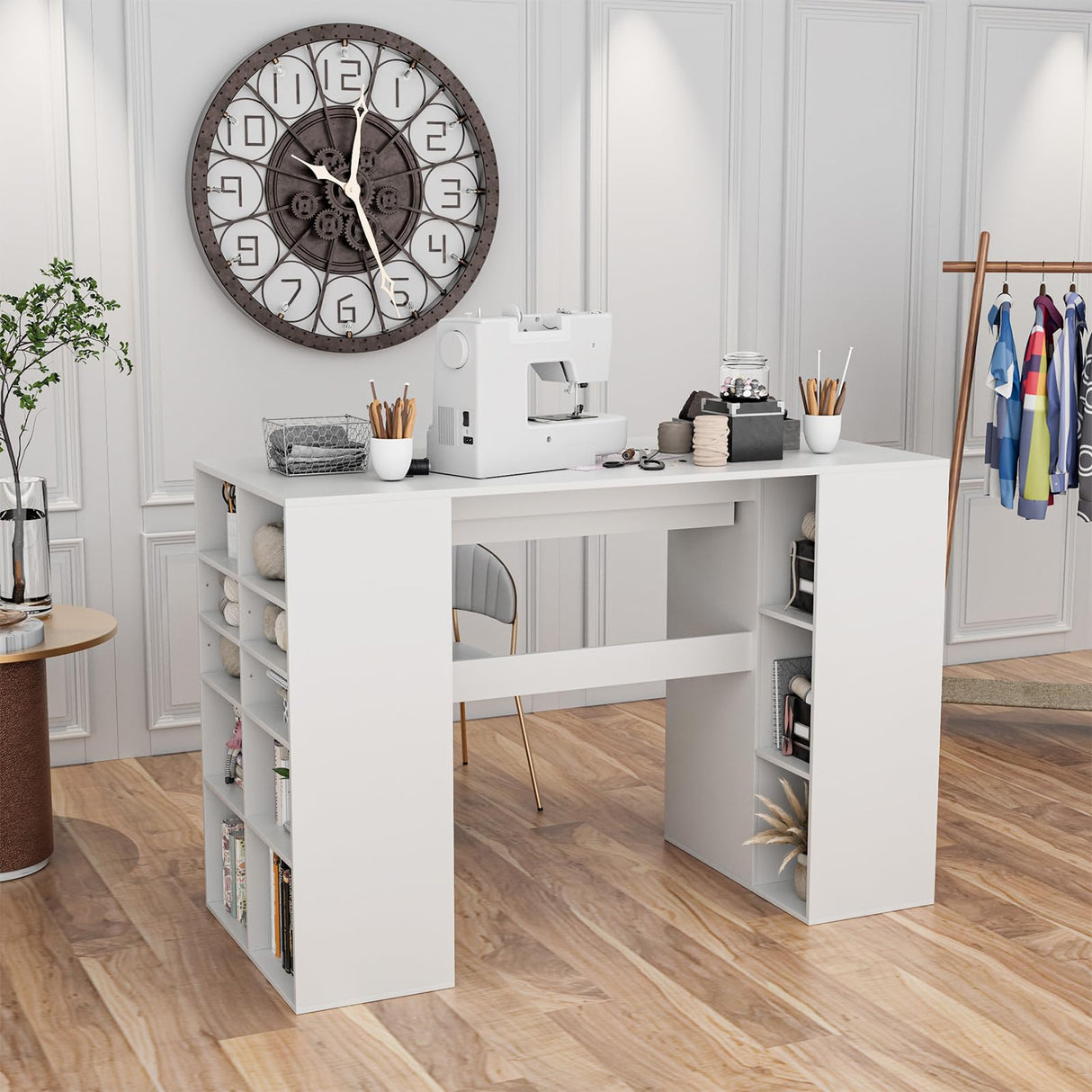 Giantex Craft Table with Storage, 53'' Artwork Sewing Table with 14 Cube Storage Shelves, Large Drawer, Cabinet with 2 Shelves, 36'' Counter Height Sewing Workstation White Drafting Writing Desk Giantex