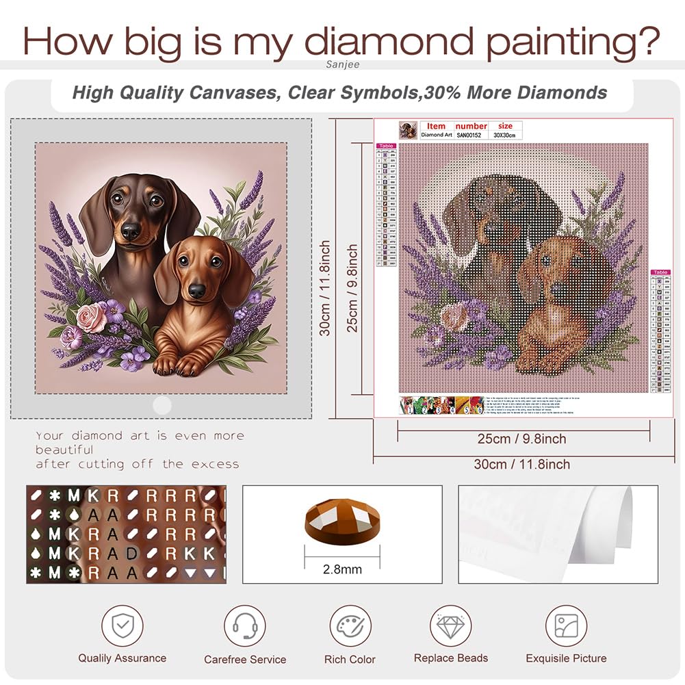 Sanjee Dogs Diamond Art Kits for Adults, Diamond Painting Kits for Beginner, 5D DIY Round Full Drill Gem Art Crafts for Home Wall Decor Gift, 12x12inch Sanjee