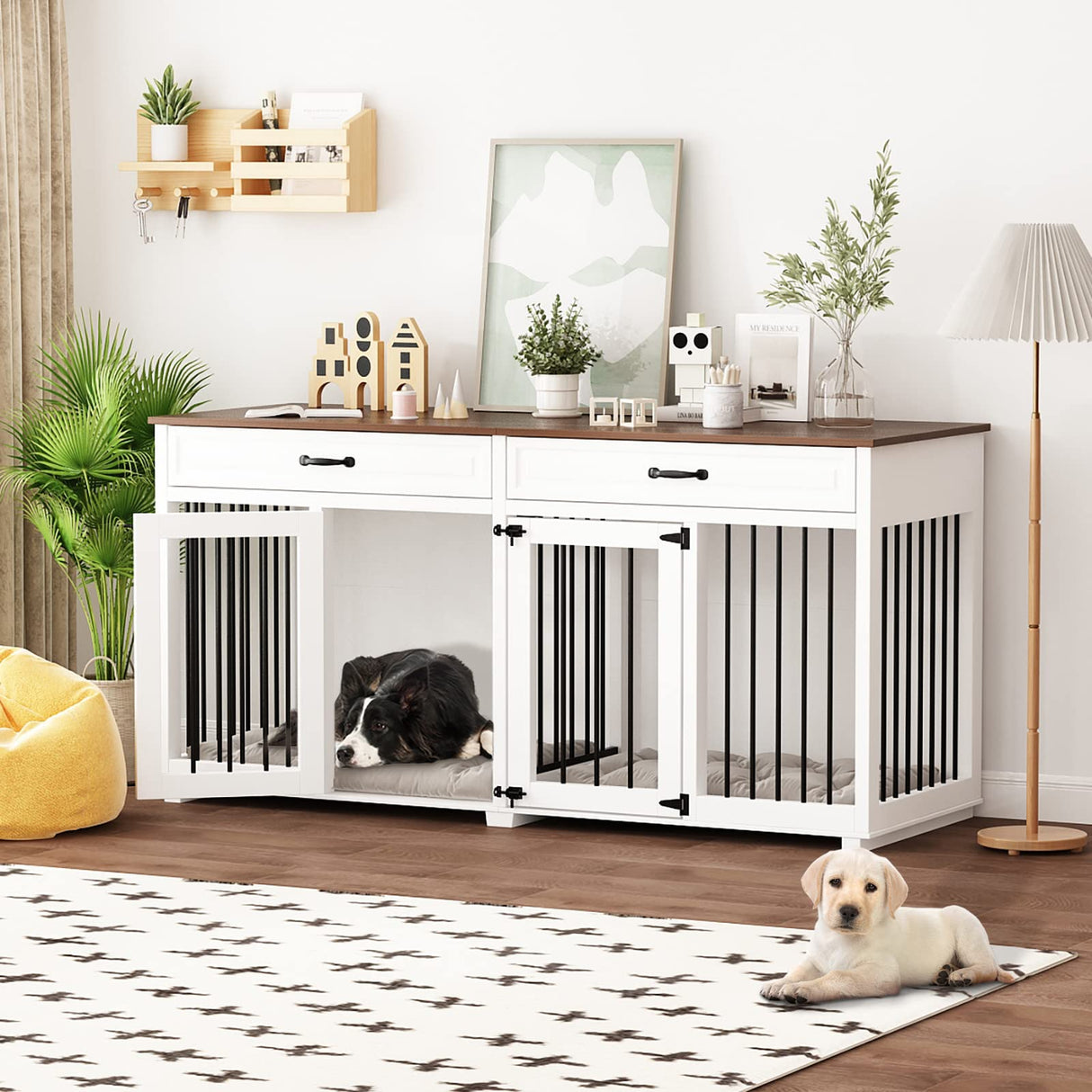 DAWNSPACES Furniture Style Dog Crate, 64.6 Inch Wooden Large Dog Kennel with Drawers & Divider, Indoor Dog House Furniture with Double Rooms for Medium Small Dogs, White DAWNSPACES
