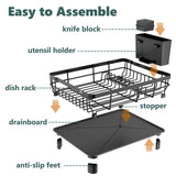 AIDERLY Iron Dish Drying Rack with Drainboard Dish Drainers for Kitchen Counter Extendable Spout Strainers with Utensil Holder and Knife Slots, Black AIDERLY