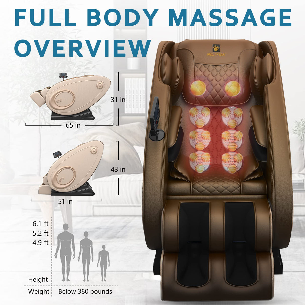 Massage Chair Blue-Tooth Connection and Speaker, Recliner with Zero Gravity with Full Body Air Pressure, Easy to Use at Home and in The Office BILITOK