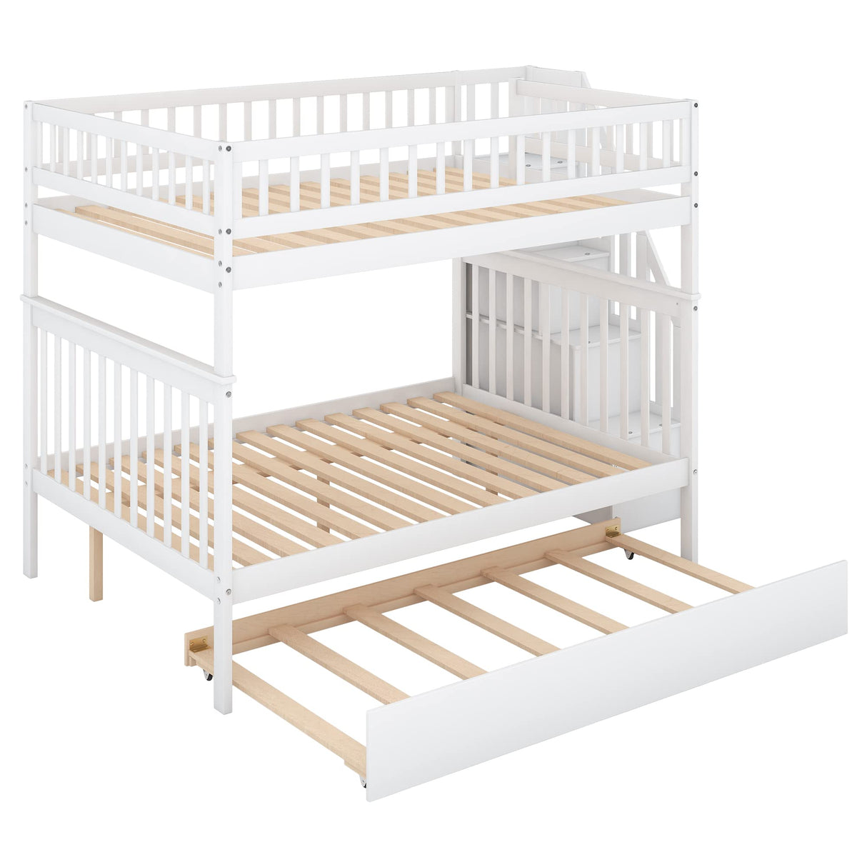 Janusline Wooden Full Size Bunk Bed with Trundle and Storage Staircase, Convertible to 3 Platform Bed, Space-Saving Bed Frame with Full-Length Safe Guardrail, No Box Spring Needed, White Janusline