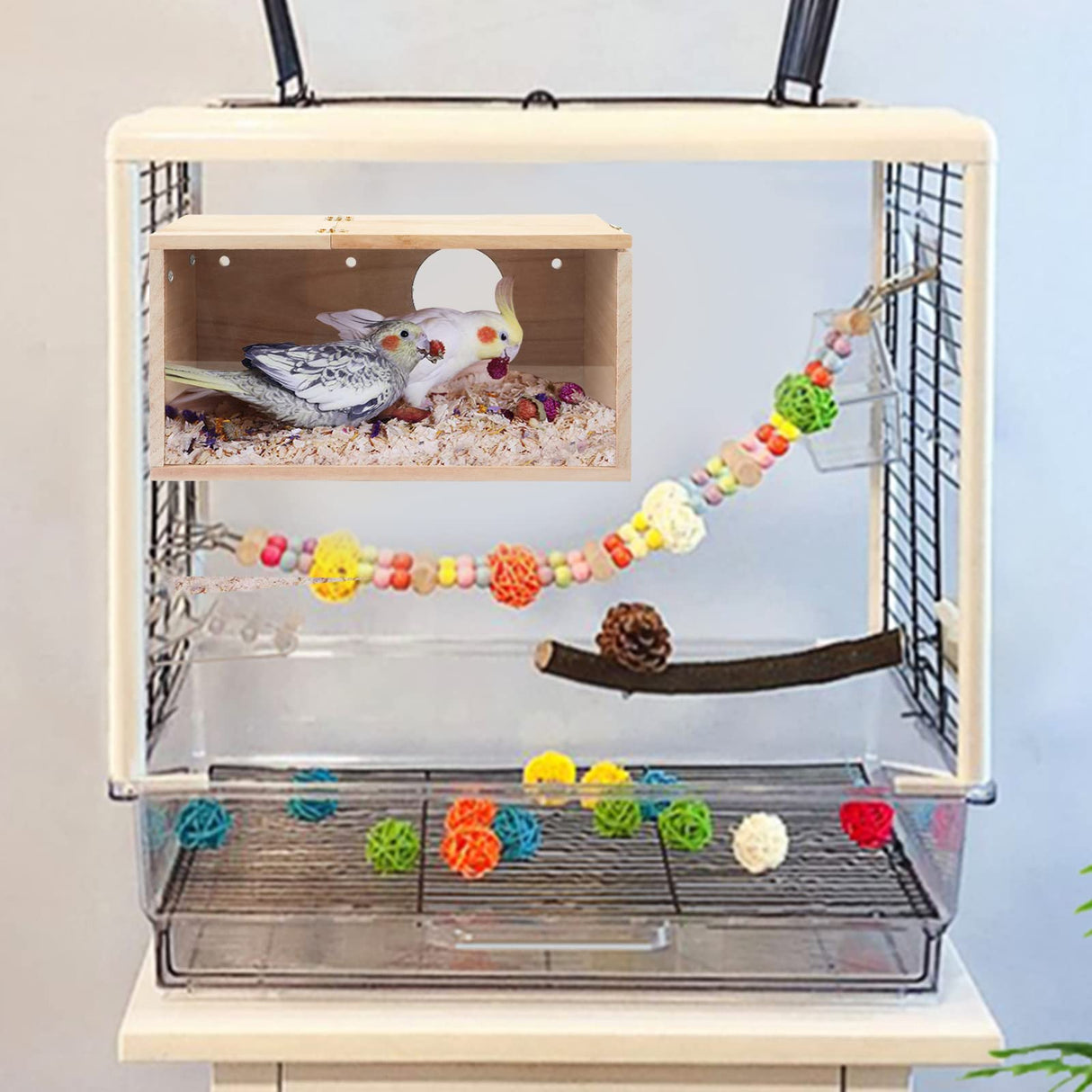 Rypet Parakeet Nesting Box Transparent Design, Thwartwise Bird Nest Breeding Box with Perch Wood Bird Cage House for Cockatiel Lovebirds Budgie Finch Parrotlets Canary M Rypet