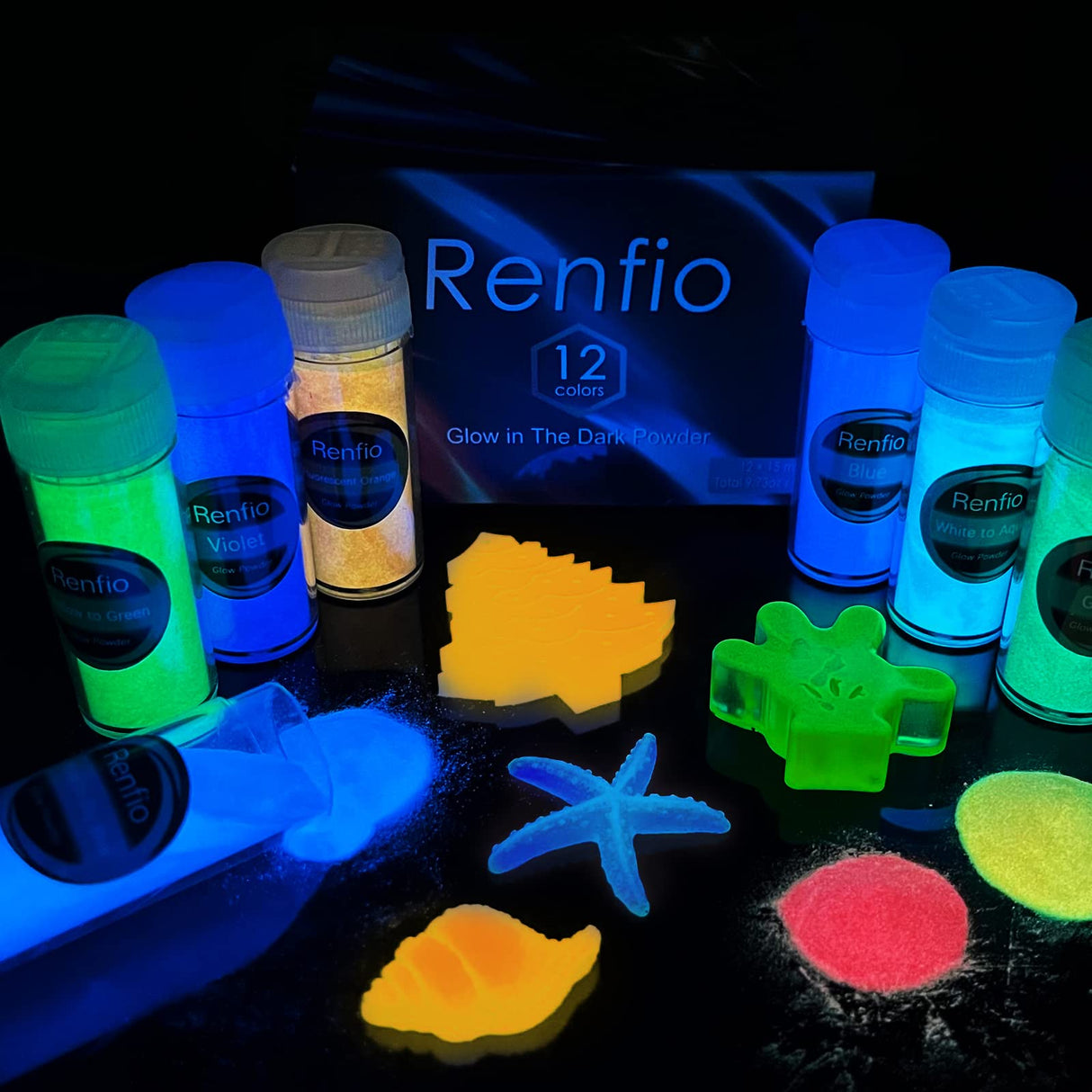 Renfio 12 Colors Glow in The Dark Powder Set, 9.86oz 276g Resin Luminous Pigment Powders Glowing Mica Powder Glow Paint Dyes for Epoxy Resin Supplies, Acrylic Paint, Nail Art, DIY Crafts, Slime Renfio