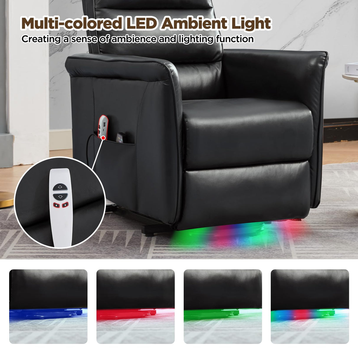 MANBUR Power Lift Recliner for Elderly with Vibration Massage and Lumbar Heat, Electric PU Leather Lift Chair, Adjustable Reclining Chair with Side Pockets,LED Light,USB Port for Small Space(Black) MANBUR