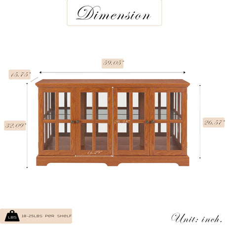 59" W LED Curio Cabinet with 7 Color Lights, Vintage Glass Display Case with Glass Doors, Smartphone-Controlled, Short Wooden China Cabinet with Adjustable Shelves for Living Room, Entryway (Dark Oak) CKEASEAN