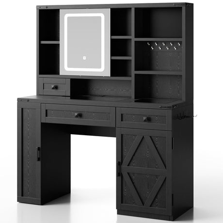 Farmhouse Makeup Vanity Desk with Sliding Mirror and Lights, Glass Desktop Makeup Vanity Desk with Charging Station, 3-Tier Hidden Slide-Out Vanity Shelves, Jewelry Storage Cabinet, 2 Drawers-Black Jocoevol