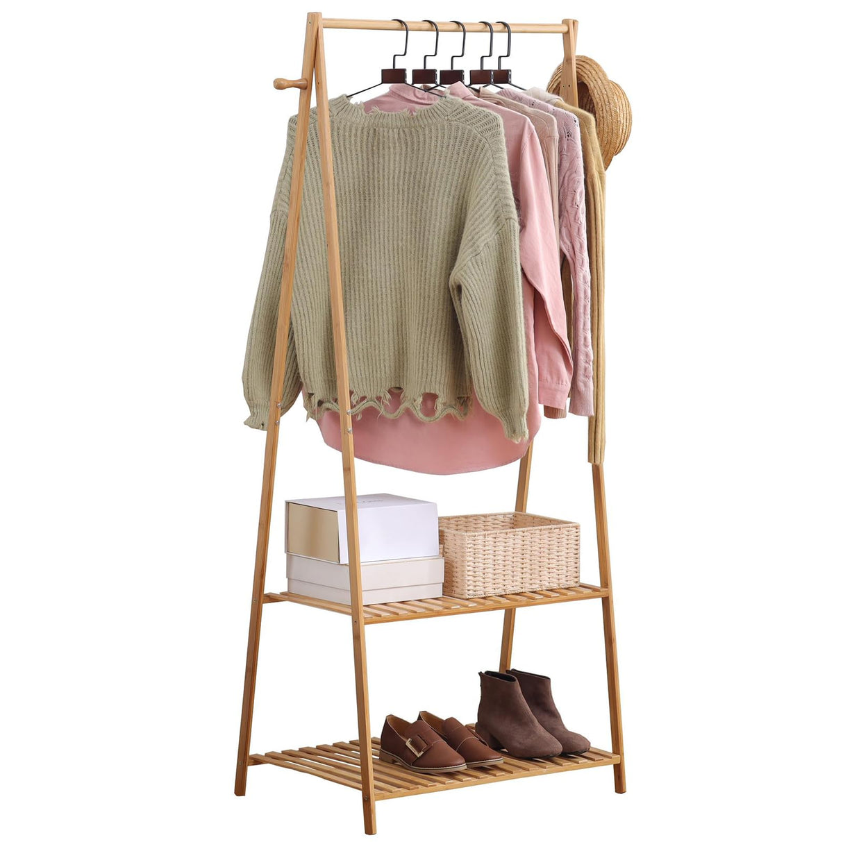 SHUOXIANG Bamboo Clothing Rack with Top Hanging Garment Rod, 2 Side Hooks & Bottom 2-Tier Shelves – Space-Saving Organizer for Clothes, Hats, Bags & Shoes SHUOXIANG
