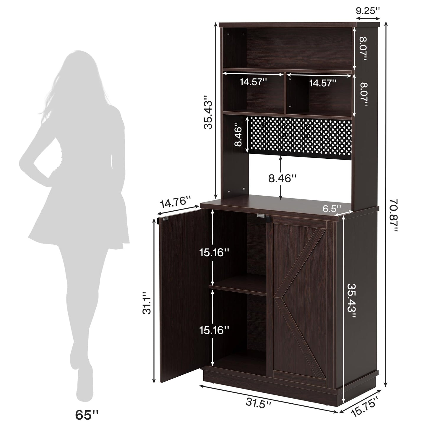 Tribesigns 70.9" Dark Walnut Tall Bookcase with Doors and DIY Pegboard for Home Office and Living Room - WoodArtSupply