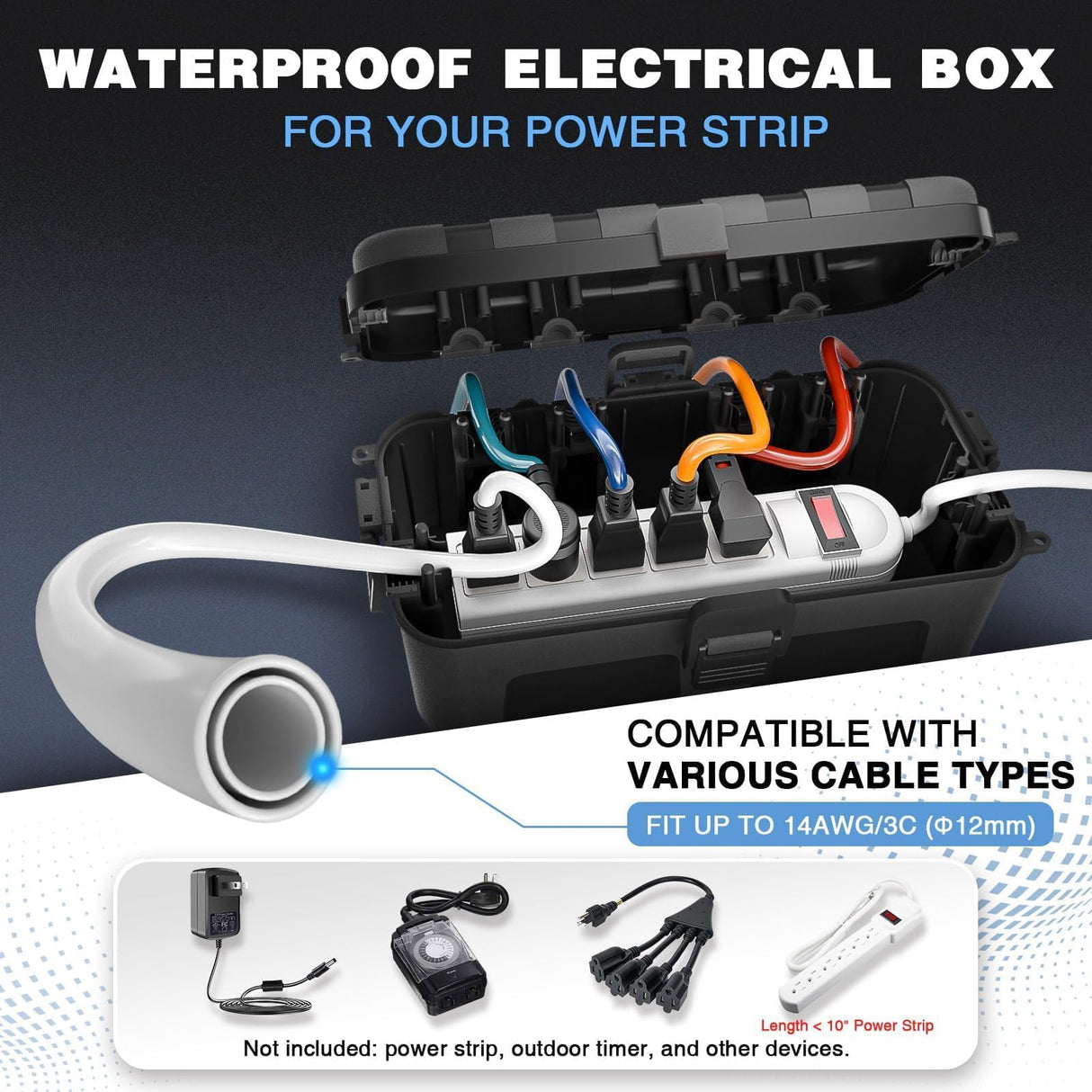 Flemoon Medium Outdoor Electrical Box (11.5x5.2x4 inch), IP54 Waterproof Extension Cord Cover w/6 Cable Entry Ports, Weatherproof Connection Box for Power Strip, Timer, Plug, Holiday Lights, Black Flemoon