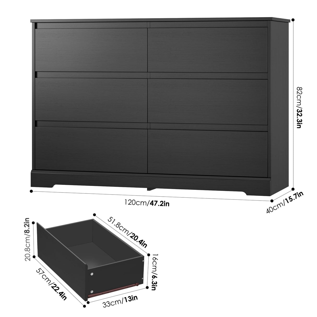 FOTOSOK 6 Drawer Double Dresser, Black Dresser, Modern 6 Chest of Drawers with Deep Drawers, Wide Storage Organizer Cabinet for Living Room Home FOTOSOK